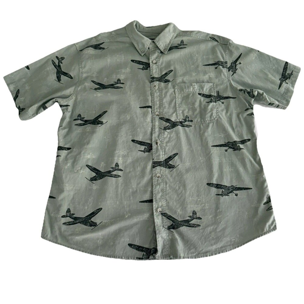 Vtg Y2K Woolrich Men's L Bi-Plane Shirt Short Sleeve Sage Aviation Pilot Cotton